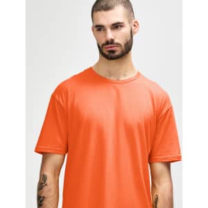 An adult t-shirt in bright orange, featuring a relaxed fit and a crew neck. It has a logo displayed.