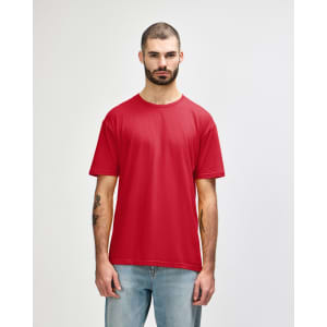 A red Gildan Softstyle adult T-shirt displayed on a model, featuring a relaxed fit and short sleeves.