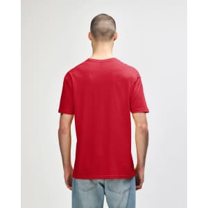 A red Gildan Softstyle adult t-shirt displayed from the back, featuring a plain design and short sleeves.