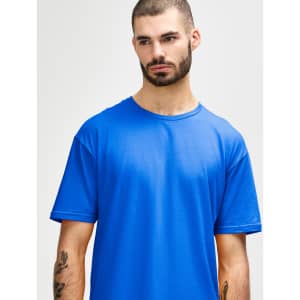 A blue Gildan Softstyle adult t-shirt with a crew neck, featuring a branding logo.