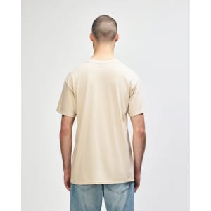 A neutral beige adult t-shirt featuring short sleeves and a simple design with a logo on the back.