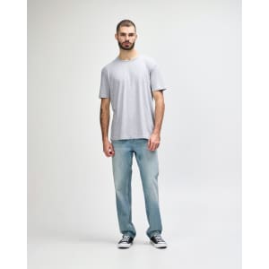 A grey Gildan Softstyle adult t-shirt with a straight back design, displayed on a model.