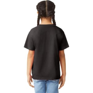 A black Gildan Youth Softstyle short sleeve T-shirt viewed from the back, worn by a child with braided hair.