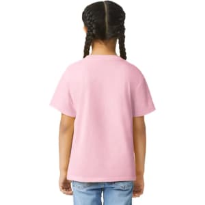 A pink Gildan Youth Softstyle Short Sleeve T-shirt displayed from the back, showcasing its simple design.