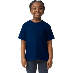 A navy blue youth short sleeve T-shirt displayed on a smiling child, featuring a simple design and a logo.
