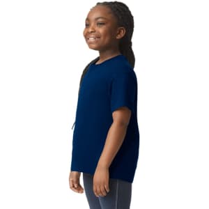 A youth short sleeve t-shirt in navy blue, featuring a simple design and a logo. The model is smiling while wearing it.