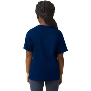 A navy blue youth short sleeve t-shirt viewed from the back, featuring a logo.