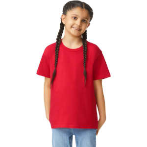 A red youth short sleeve T-shirt featuring a round neck and a slight loose fit, displayed on a child.