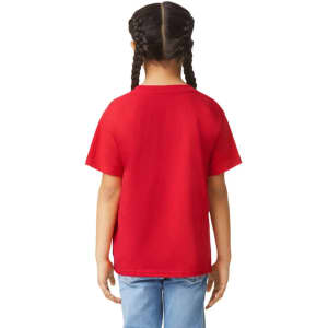 A red Gildan youth short sleeve T-shirt viewed from the back, featuring a simple design.