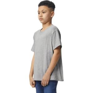 A grey youth short sleeve T-shirt with a relaxed fit, featuring a simple design and a logo.