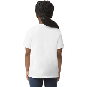 A youth short sleeve T-shirt in white, viewed from the back, featuring a logo.