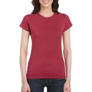 A fitted ladies' T-shirt in a rich burgundy colour, featuring short sleeves and a round neckline.