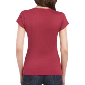 A burgundy Gildan Softstyle Ladies' T-Shirt seen from the back, featuring a fitted silhouette.