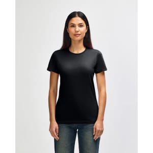 A black ladies' t-shirt with short sleeves, featuring a fitted design and a logo.