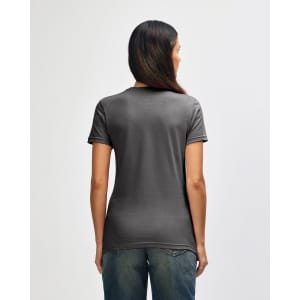 A ladies' t-shirt in a dark grey colour, featuring a fitted design and short sleeves. It has a logo on the back.