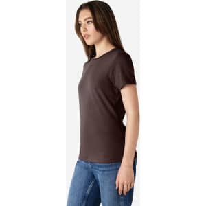 A brown Gildan Softstyle ladies' t-shirt with short sleeves, displayed on a female model.