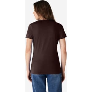A ladies' t-shirt in brown, featuring a fitted design and short sleeves, with a logo on the back.