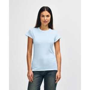 A light blue women's t-shirt with a classic fit, featuring a crew neckline and a logo.