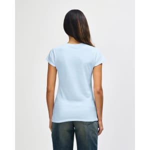 A light blue Gildan Softstyle ladies' t-shirt is displayed from the back, featuring a standard fit and short sleeves.