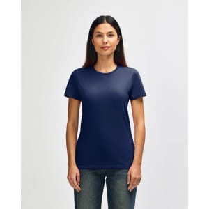 A navy blue ladies' t-shirt with a round neckline and short sleeves, featuring a logo on the chest area.
