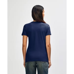 A navy blue ladies' t-shirt, featuring a fitted design and short sleeves, with a logo on the back.