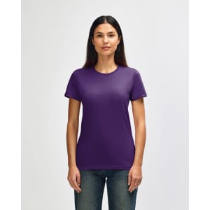 A purple ladies' t-shirt is displayed on a model. The shirt features a logo on the front.