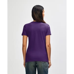 A purple ladies' t-shirt featuring a fitted design and a logo on the back.