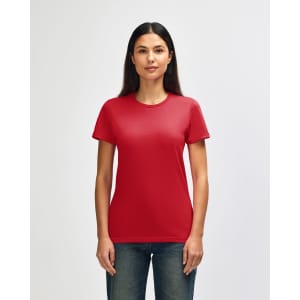 A red ladies' T-shirt with short sleeves, displayed on a model against a neutral background. The shirt features a logo.