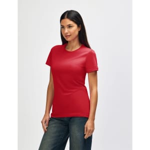 A red Gildan Softstyle ladies' T-shirt displayed on a model, featuring short sleeves and a fitted style.