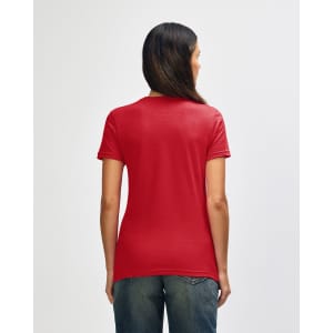 A red Gildan Softstyle ladies' t-shirt, viewed from the back, with a fitted design and short sleeves.