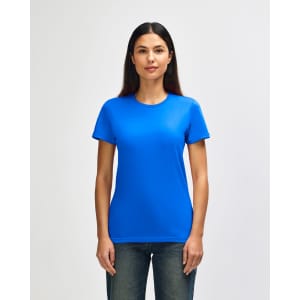A blue ladies' T-shirt displayed on a model, featuring short sleeves and a round neckline. The shirt has a logo.