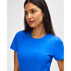 A blue ladies' T-shirt featuring a round neckline and short sleeves, with a branding logo present.