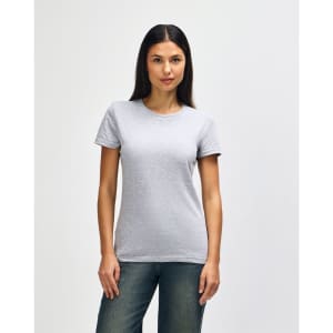 A grey ladies' t-shirt with a fitted style, featuring short sleeves and a round neckline.