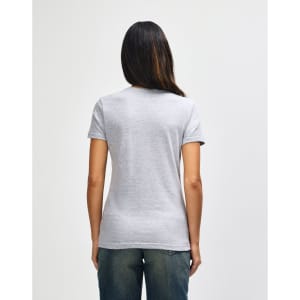 A grey ladies' t-shirt with short sleeves, featuring a design on the back and a fitted shape.
