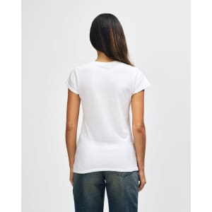 A white ladies' t-shirt with short sleeves, featuring a fitted design and a subtle logo.