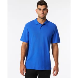 A blue Gildan Softstyle Adult Double Pique Polo, featuring a collared neckline and short sleeves. It has a logo on the chest.