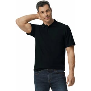 A black polo shirt with a collar, displayed on a male model standing casually with one hand on his neck.