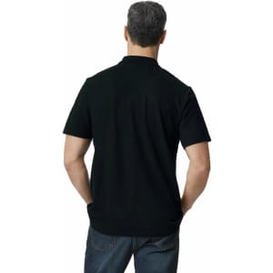 A black polo shirt with a double pique texture, featuring a logo on the chest.