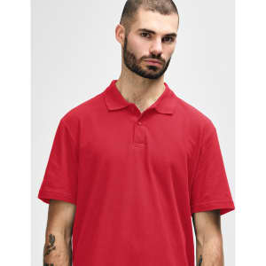 A red adult polo shirt with a collar and three-button placket, featuring a logo on the chest.