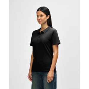 A black ladies' polo shirt with short sleeves, featuring a collar and a logo on the left side.