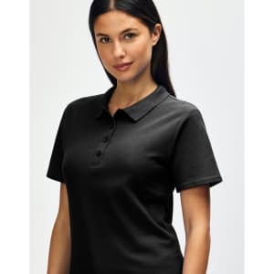 A black ladies' polo shirt made from soft pique fabric, featuring a classic collar and buttons.