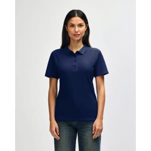 A navy blue ladies' double pique polo shirt with a collar and short sleeves, featuring a logo.