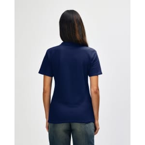 A back view of a navy and red Gildan Softstyle Ladies' Double Pique Polo with a logo.