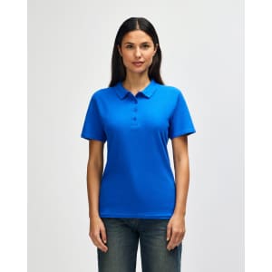 A blue ladies' polo shirt with a collar and short sleeves, featuring a logo on the chest.