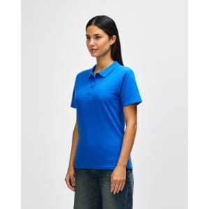 A blue ladies' polo shirt with a collar and short sleeves, featuring a logo on the chest.