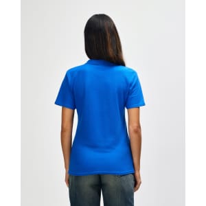 A blue and red ladies' polo with a double pique texture, viewed from the back. It features a collar and short sleeves.