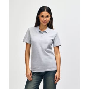 A grey ladies' double pique polo shirt with a collar and short sleeves, featuring a logo.