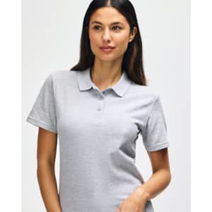 A grey polo shirt with a collar and button detailing, featuring a logo on the chest area.
