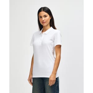 A white ladies' polo shirt with short sleeves and a collar, featuring a small logo.