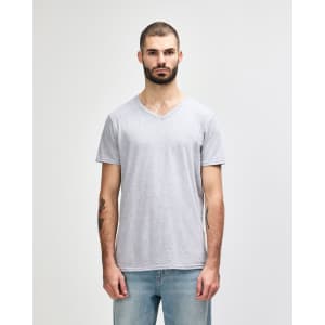 A grey adult v-neck t-shirt on a mannequin, featuring short sleeves and a logo.